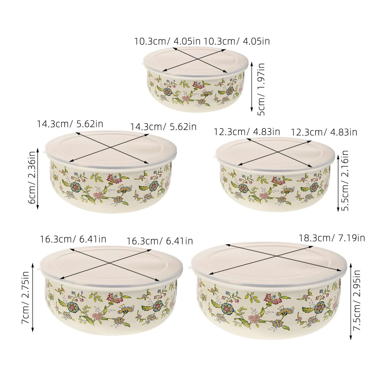 Five Piece Enamel Bowls With Lids Kitchen Storage Set