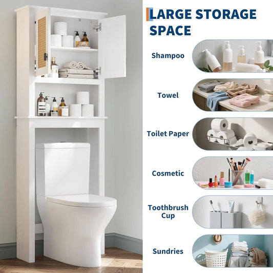 Farmhouse White Over Toilet Storage Cabinet with Natural Rattan Doors, Adjustable Shelf Toilet Rack