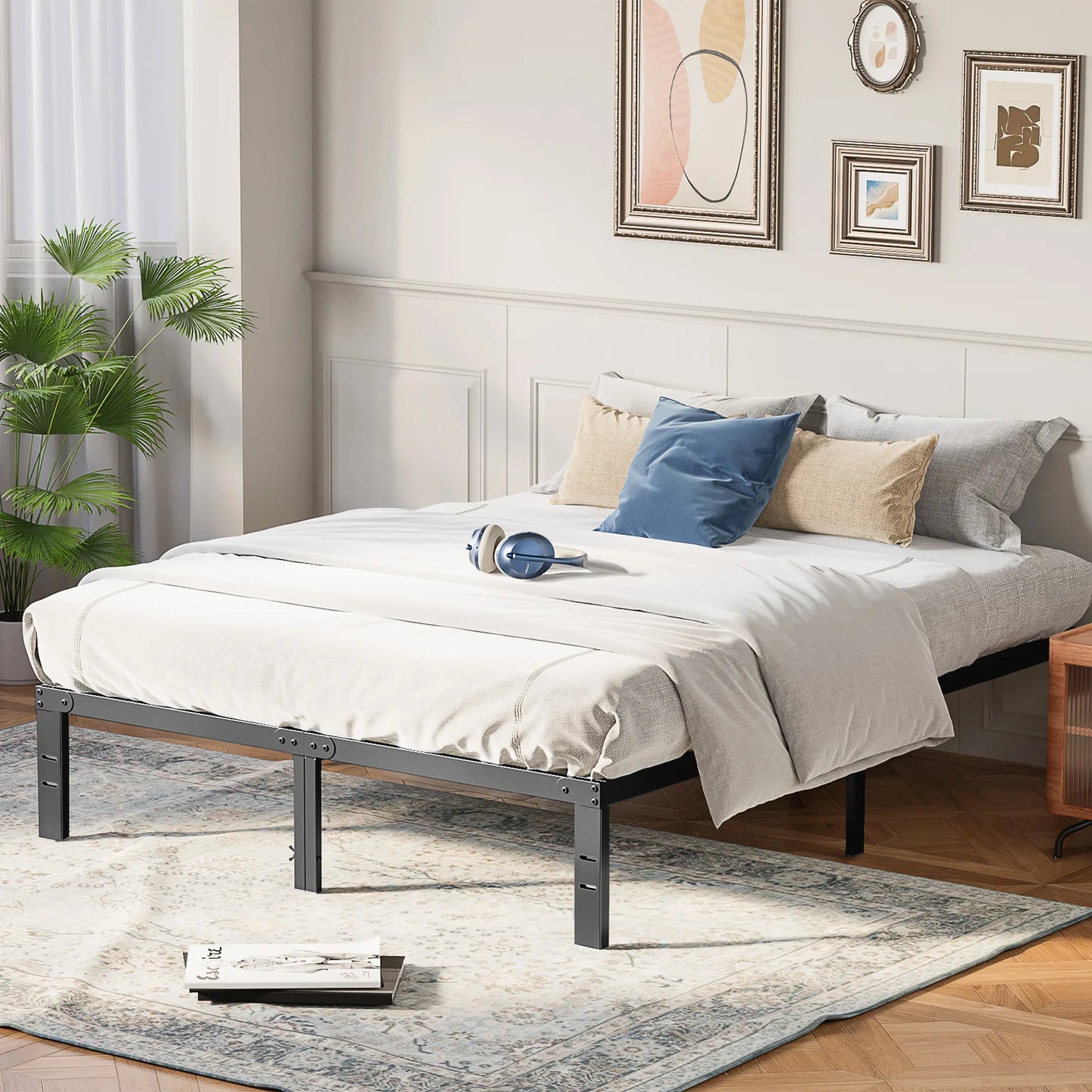 JHK Basic Metal Platform Bed Frame With Sturdy Slat Support