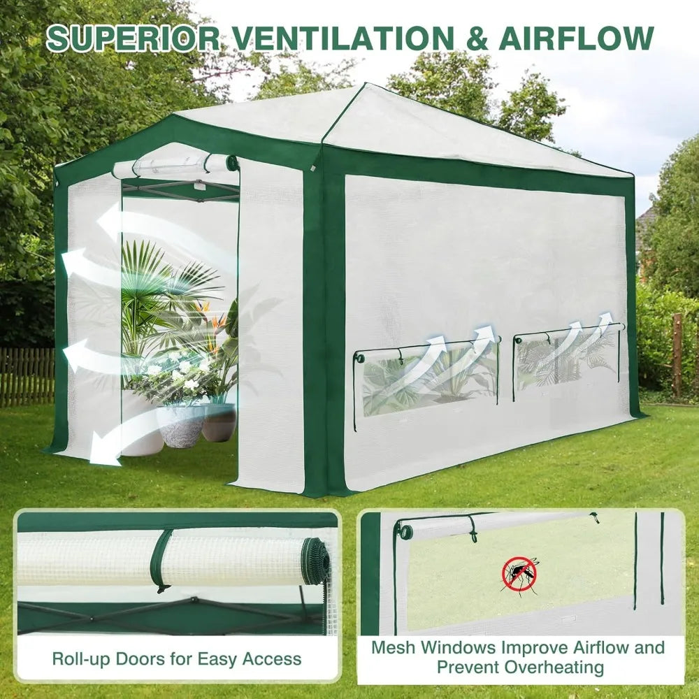 12x8 Portable Walk in Greenhouse with Polyester Reinforced Corners, Instant Pop up Indoor Outdoor Gardening Green