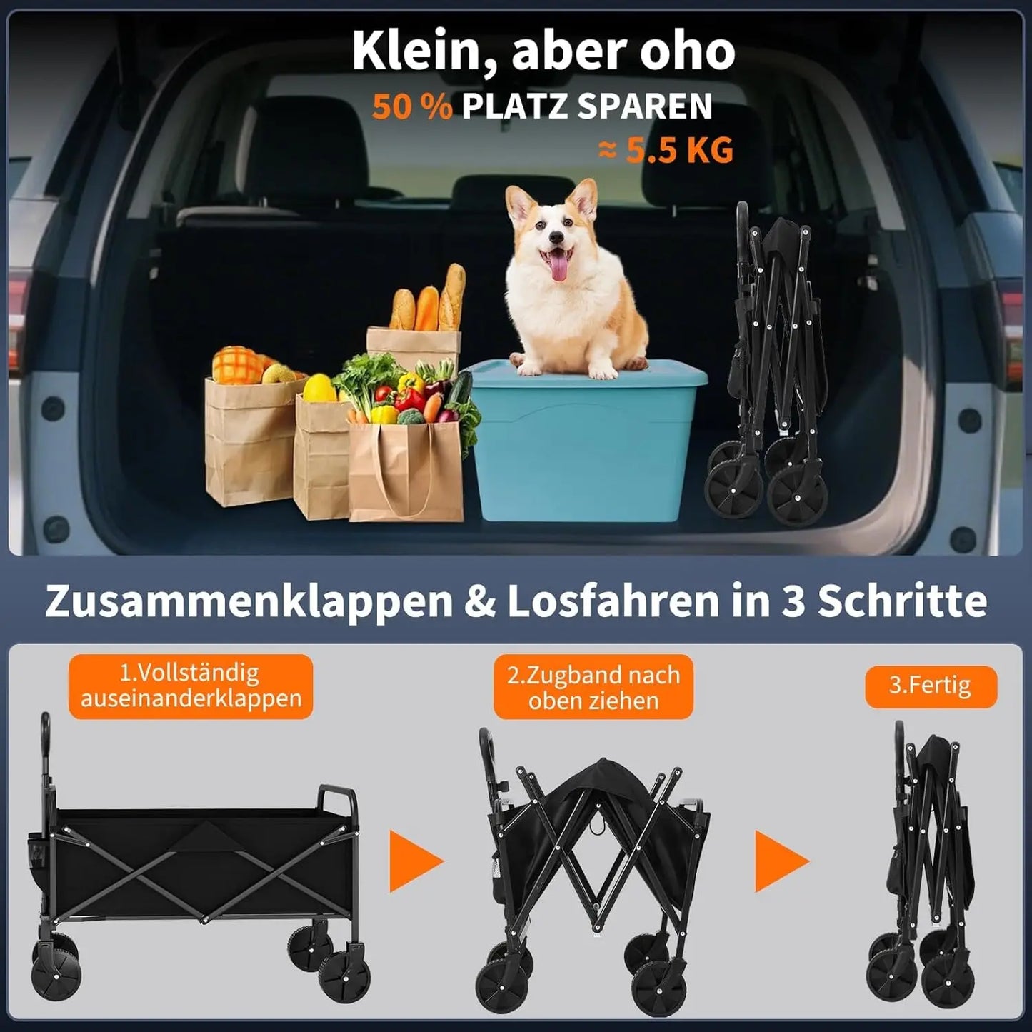 Foldable Utility Wagon With All Terrain Wheels And Drink Holders