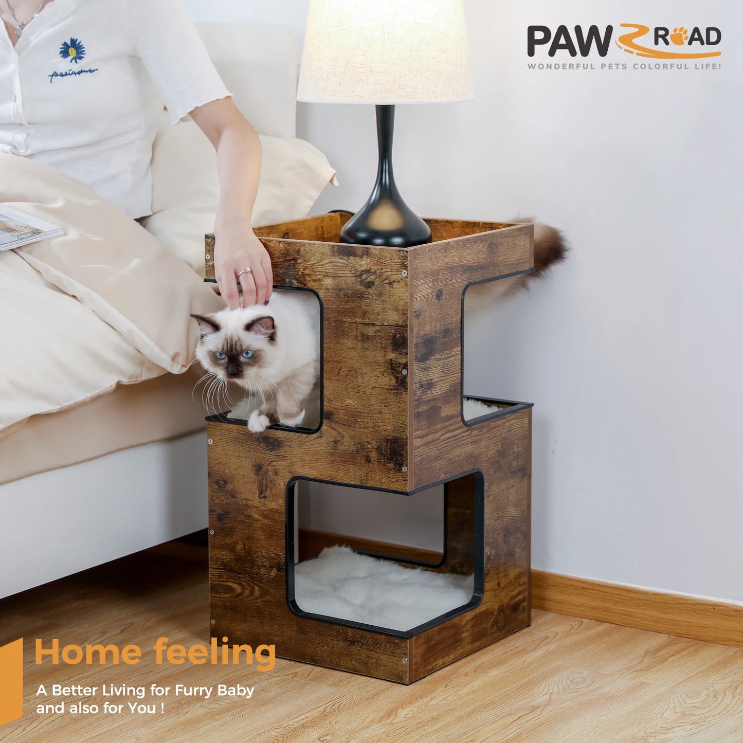 PAWZ Road Wood Cat Condo House Removable Mats And Scratcher