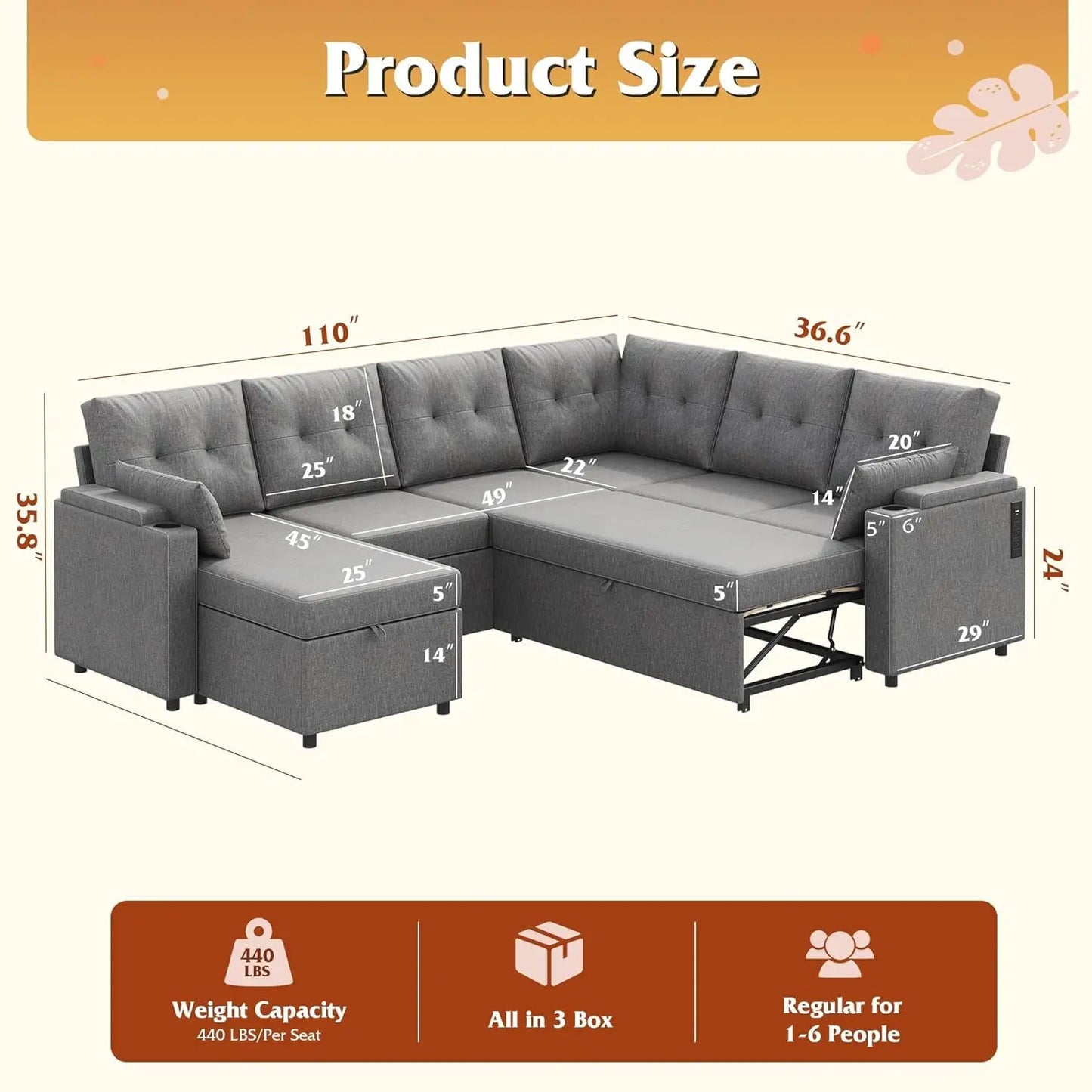 Sectional Sofa With Storage Chaise And Sleeper In Linen
