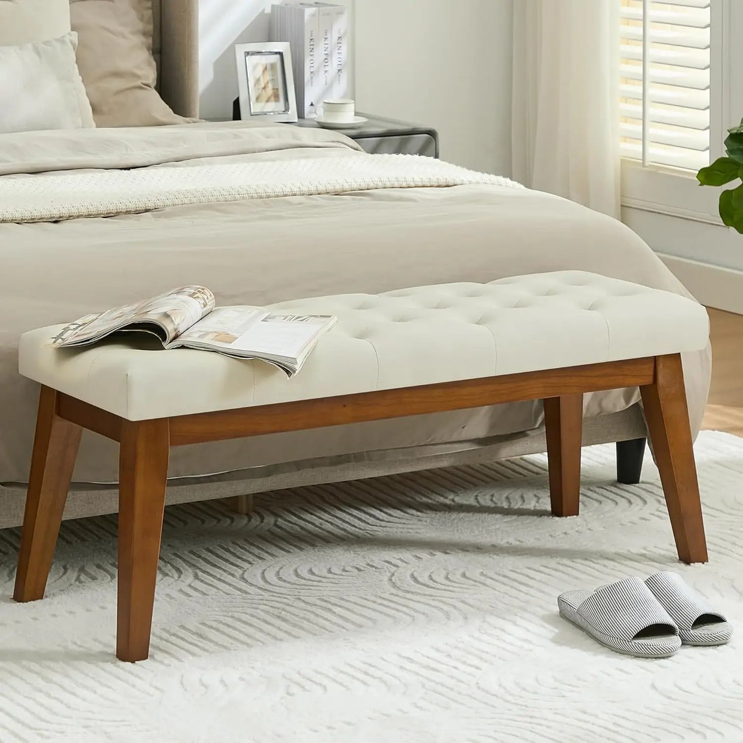 Linen Upholstered Bedroom Bench for End of Bed and Entryway
