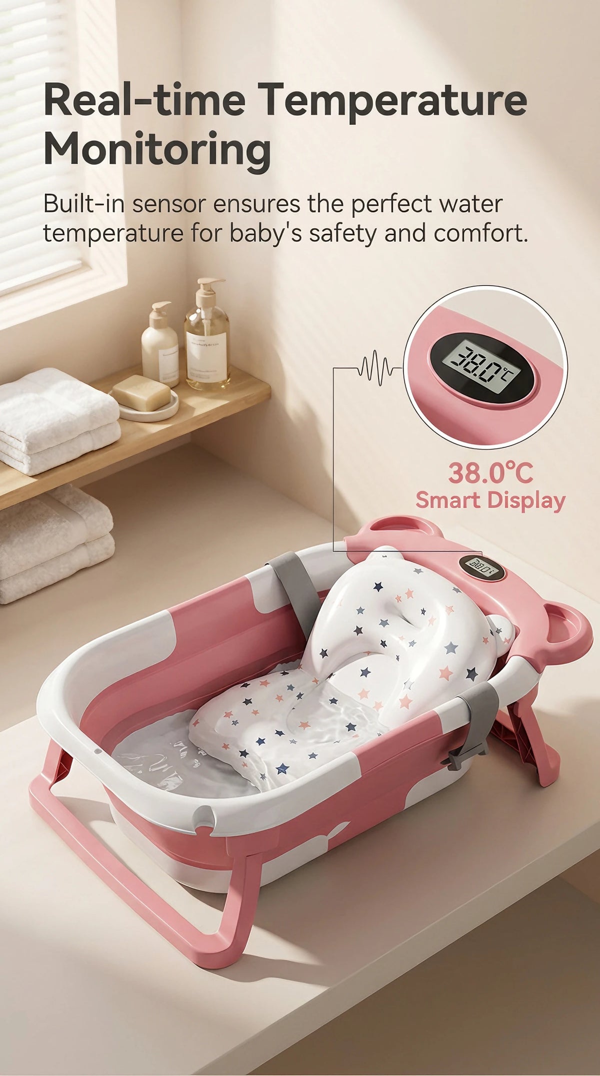 Portable Foldable Baby Bathtub With Thermometer, Cushion And Drain Hole