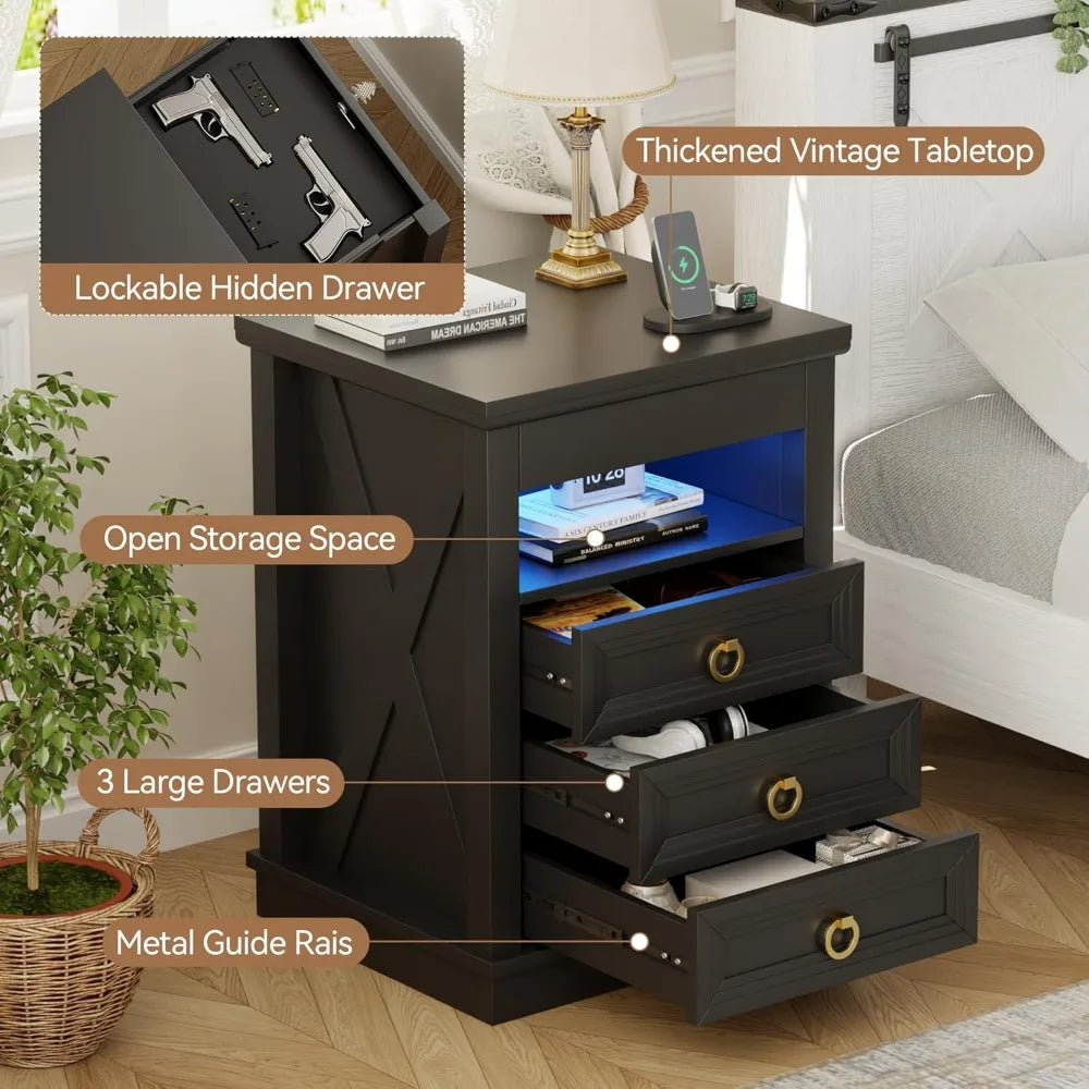 Farmhouse Nightstand With Gun Drawer, Led Lights And Charging Station