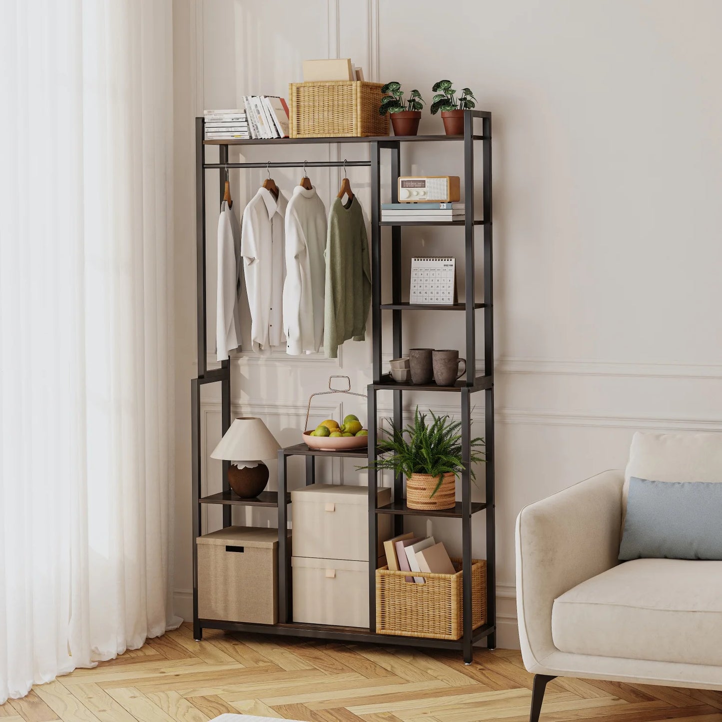 Indoor Plant Stand With Shelves And Hanging Rod Metal Frame
