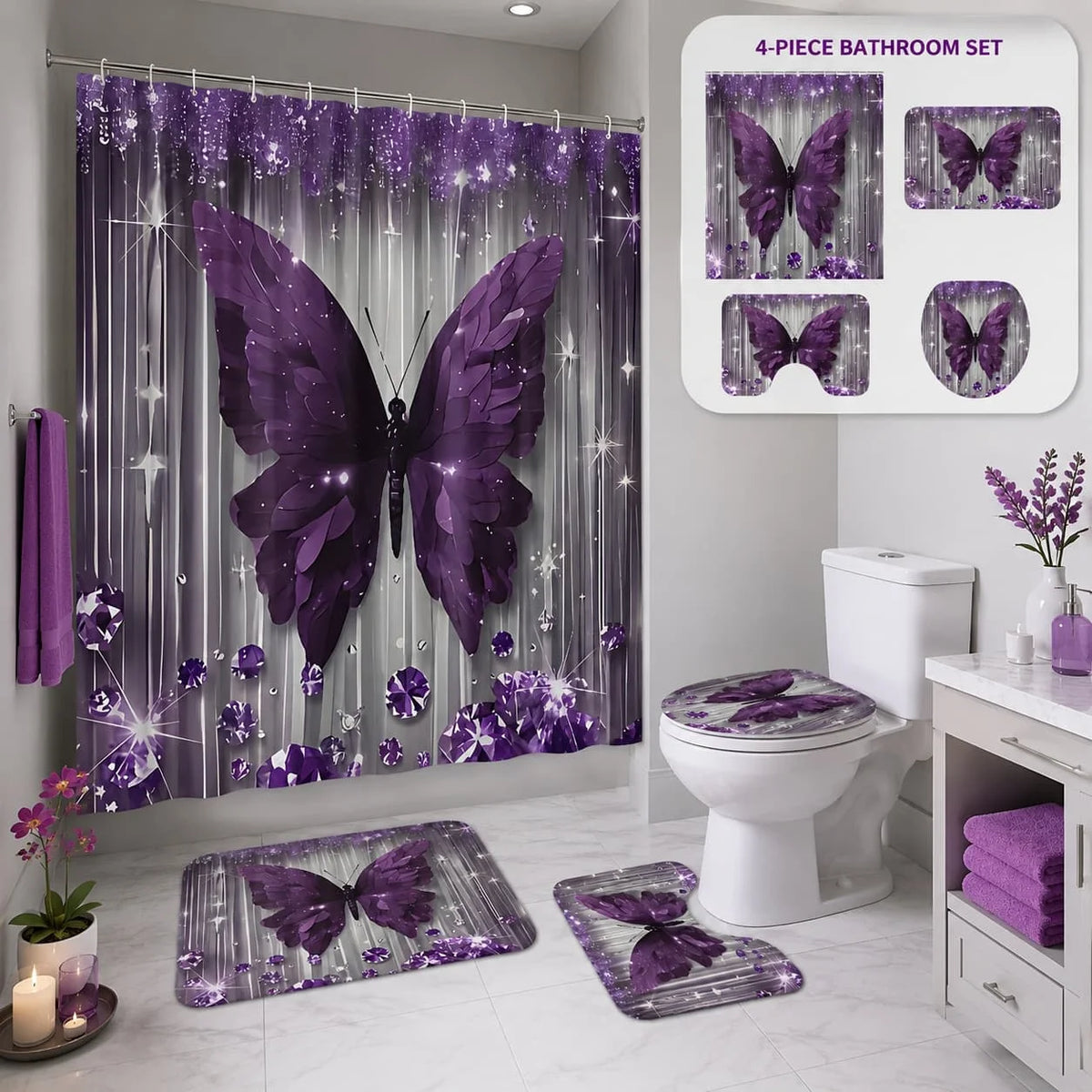 Butterfly Bathroom Set With Shower Curtain Rug And Toilet Cover