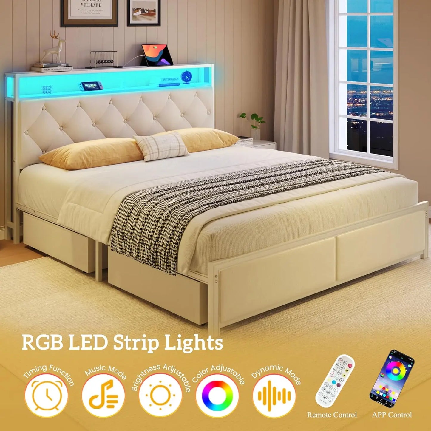 CHENGWEI Bed Frame With Headboard Storage Drawers LED Lights