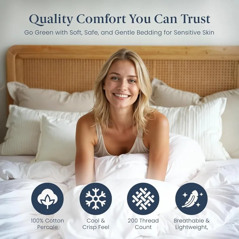 Duvet Cover Queen Size (3 Pieces), 100% Cotton Percale, Full/Queen, Soft, Breathable & Lightweight, Including Duvet C