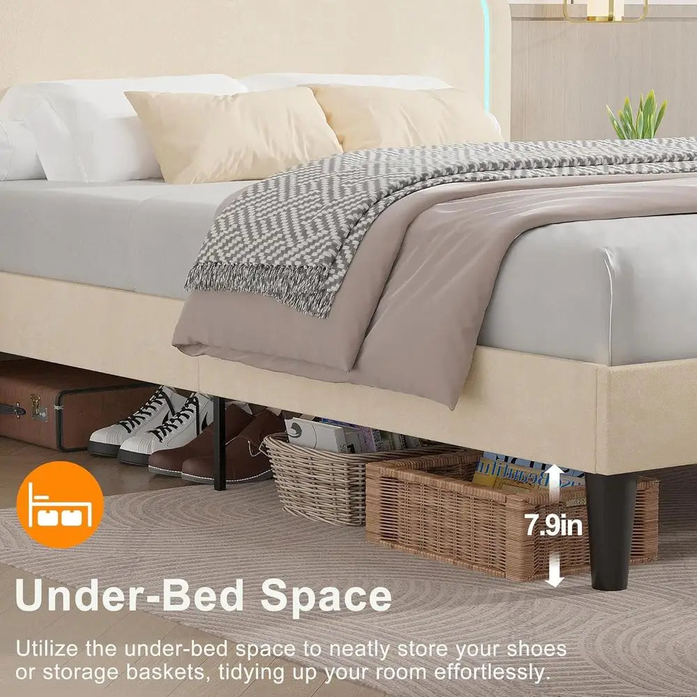 VECELO Upholstered Bed With Adjustable Board LED Lights USB C