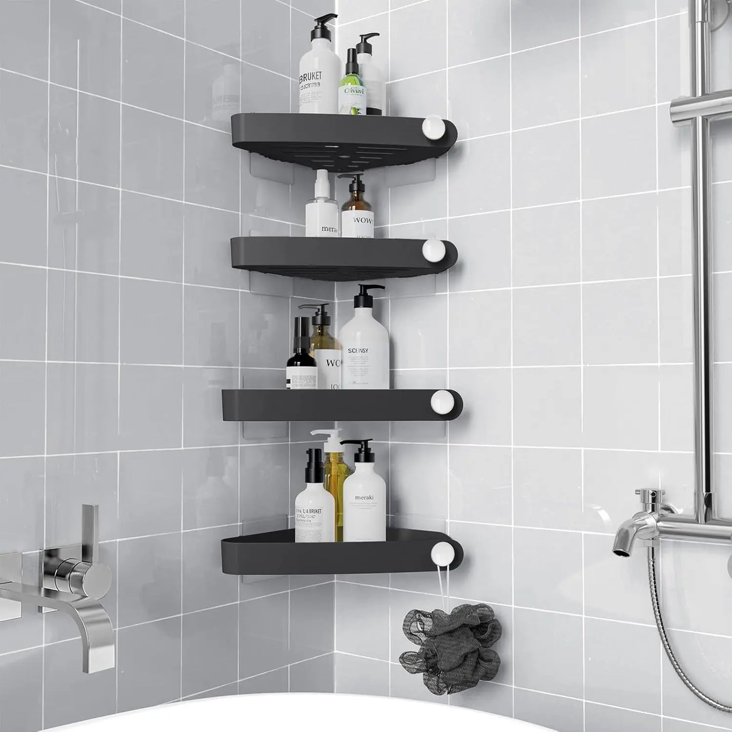 Plastic Shower Caddy Corner (for 90° Only), 4 Pack Adhesive Corner Shower Shelves for Smooth Wall Bathroom Organizers and Storage, Black