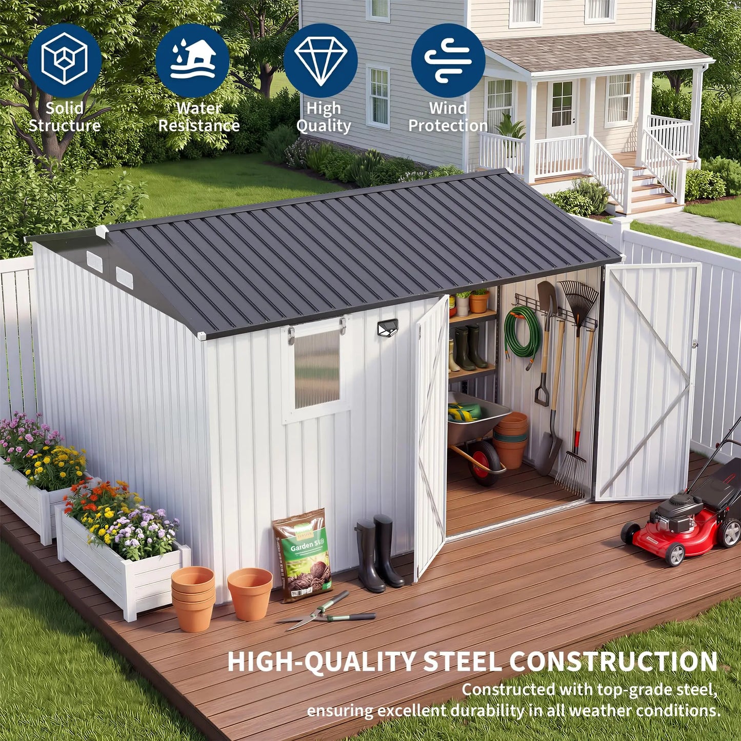 HiMISS Steel Garden Storage Shed With Sloped Roof Lockable Doors Vents Window