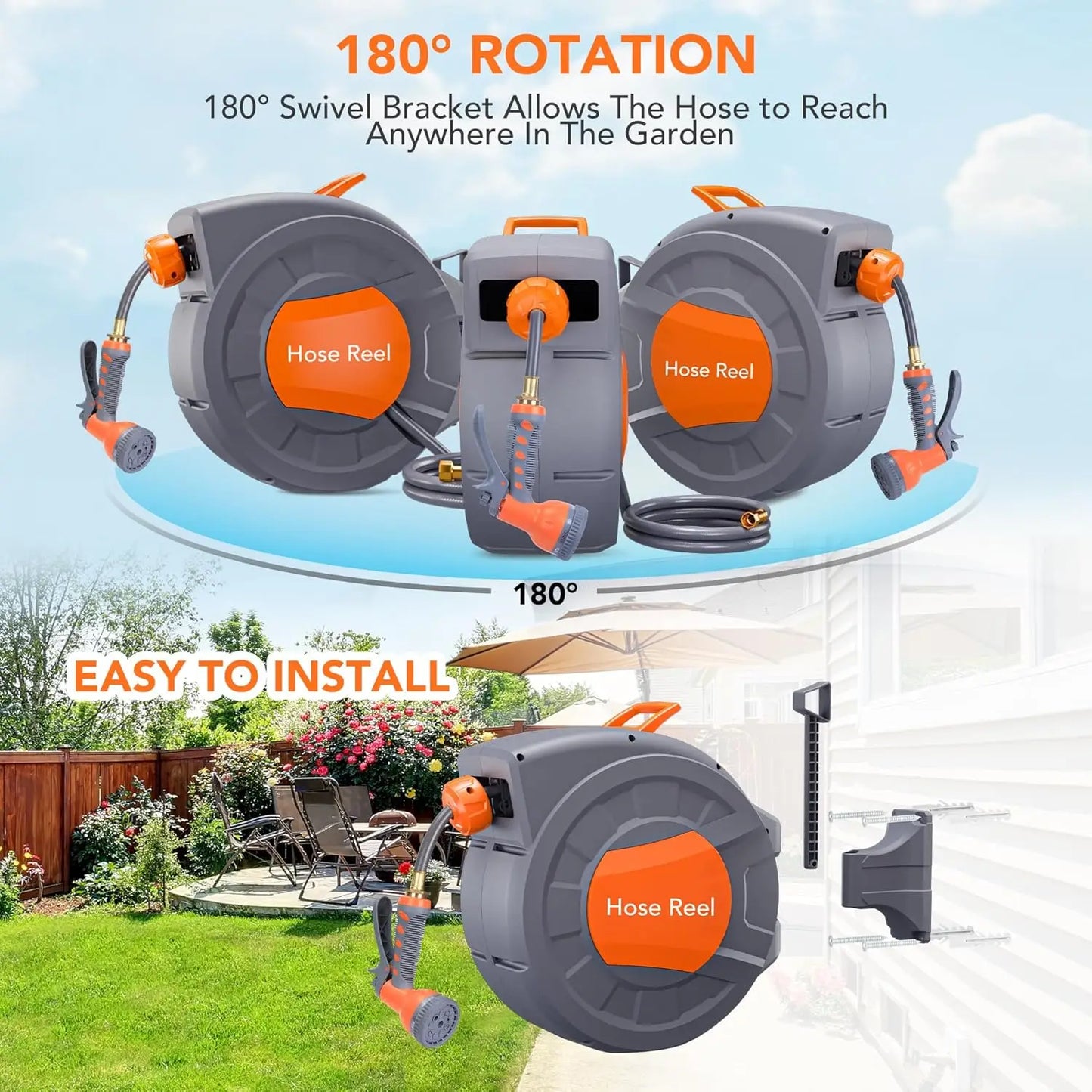 Retractable Garden Hose Reel 1/2 In x 100 FT Wall Mounted Water Hose Reels for Outside 180° Swivel Bracket & Any Length Lock