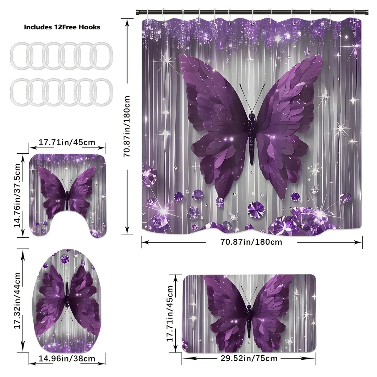 Butterfly Bathroom Set With Shower Curtain Rug And Toilet Cover