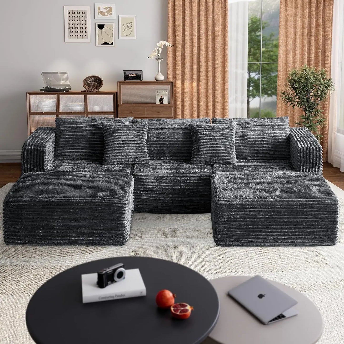 Corduroy Modular Sectional Sofa With Ottomans And Convertible Cloud Couch