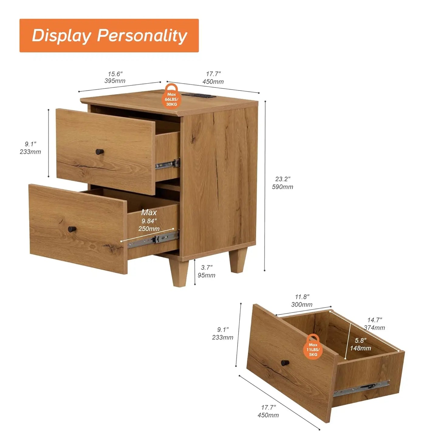 NONED Nightstand With Charging Station And Two Drawers