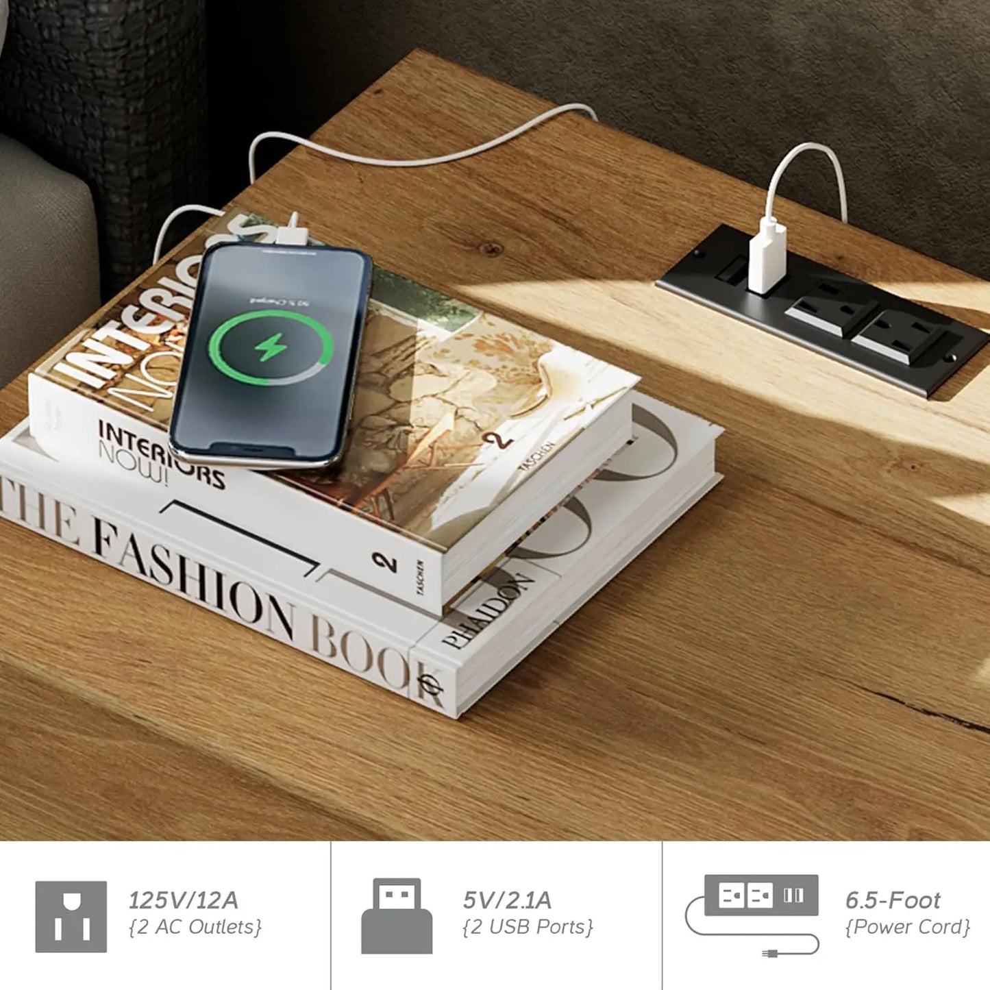 NONED Nightstand With Charging Station And Two Drawers