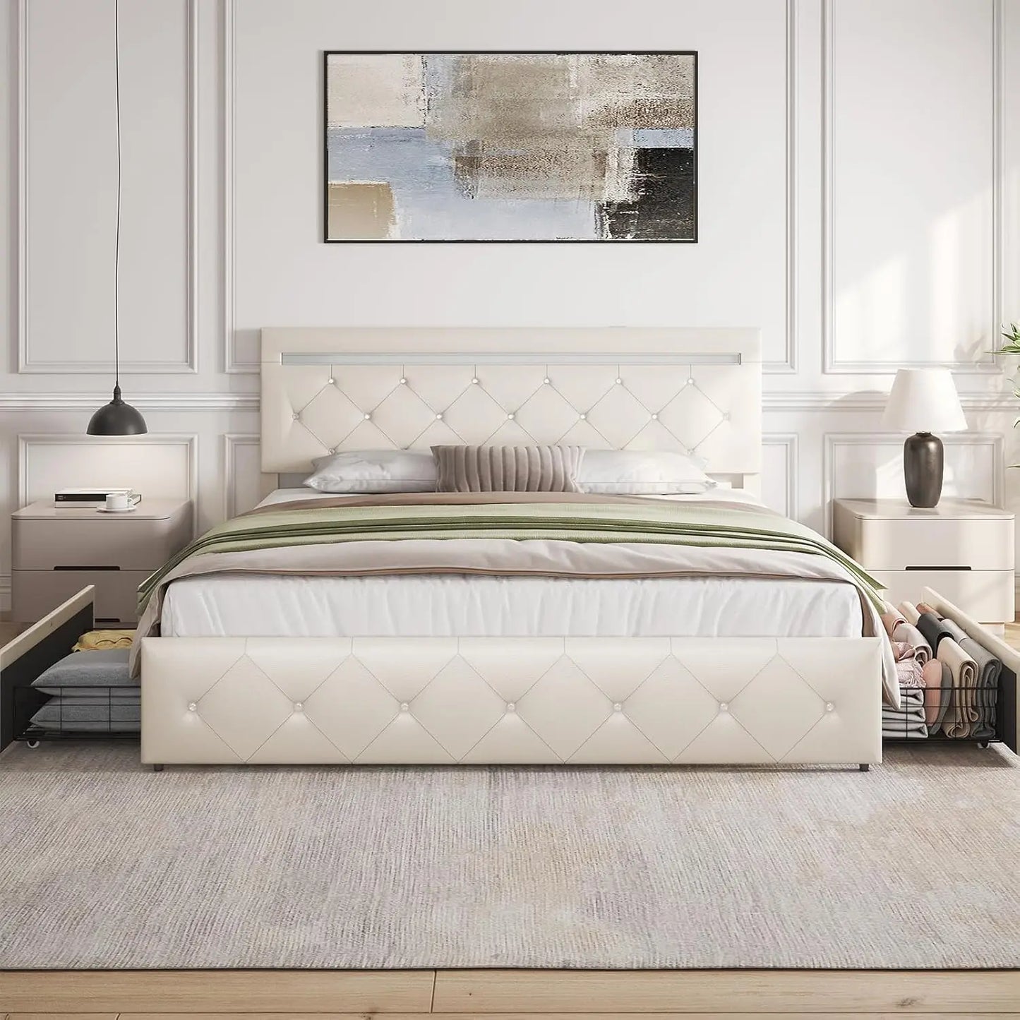 Bed Frame With Drawers LED Light USB Charge Station