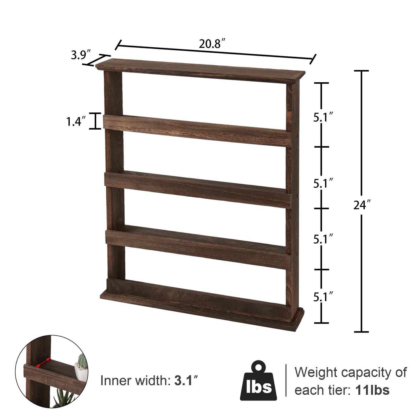 Rustic Torched Wood Wall Mounted 4-Tier Spice Rack Storage Organizer