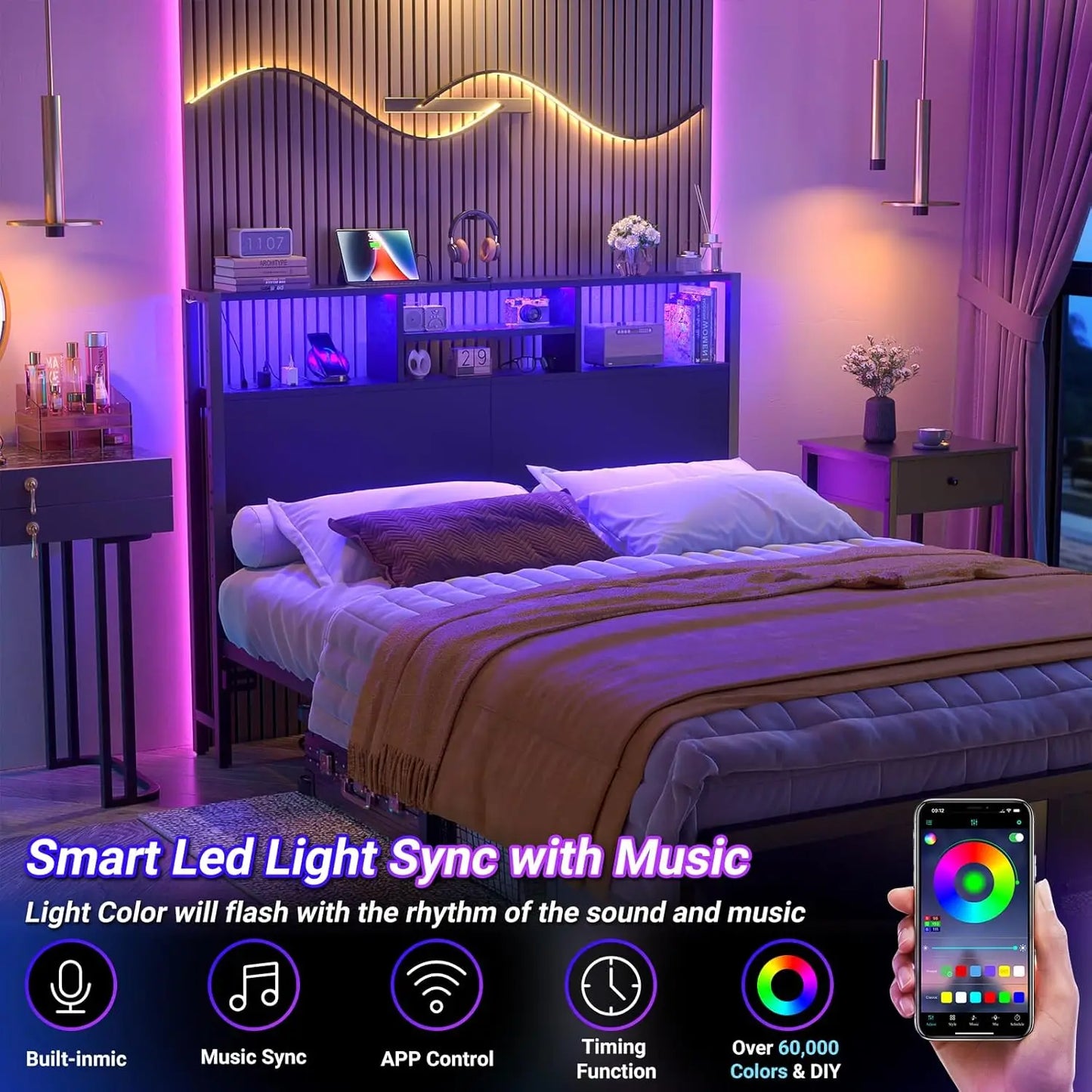Bed Headboard With Storage Outlets USB Ports LED Light