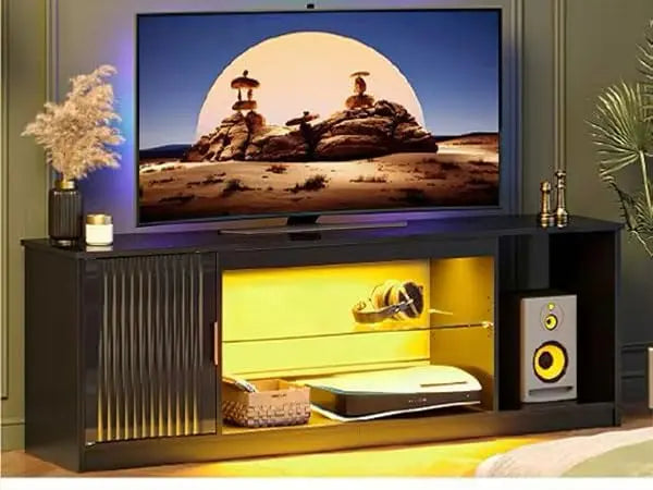 Gaming TV Stand With Power Outlets And Adjustable Glass Shelves