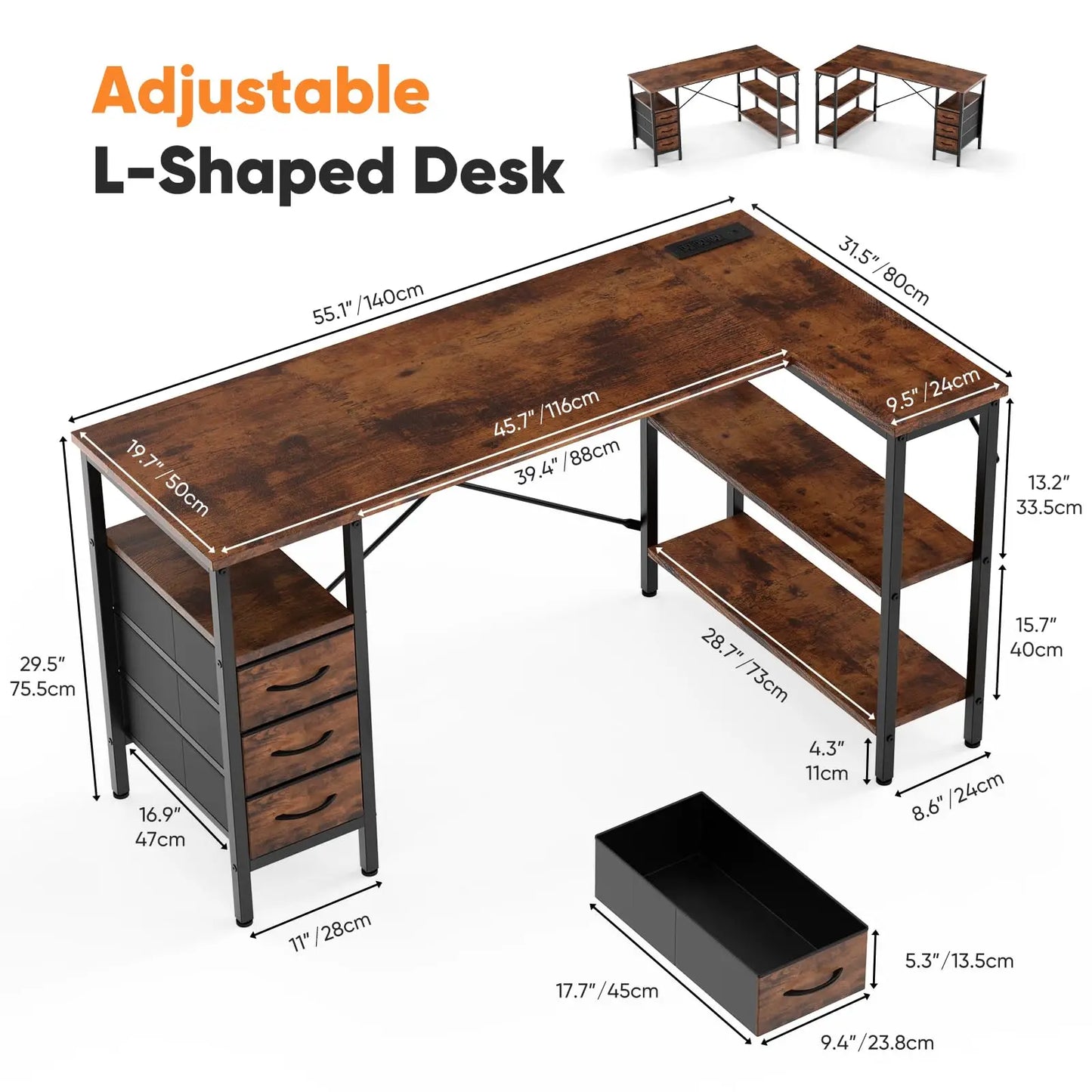 JHK L Shaped Computer Desk with Drawers And Power Outlet