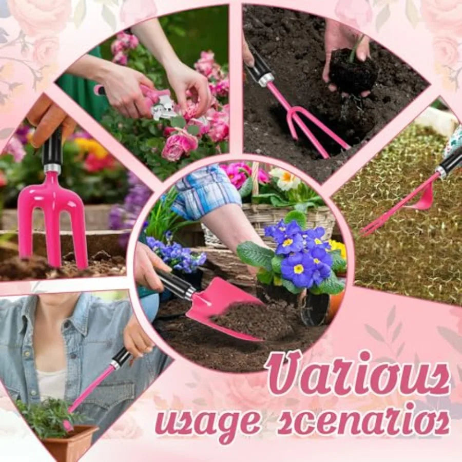 9Piece Heavy Duty Gardening Hand Tools Set in Pink with Stainless Steel Construction and Reinforced Design Durable Organizer Ha