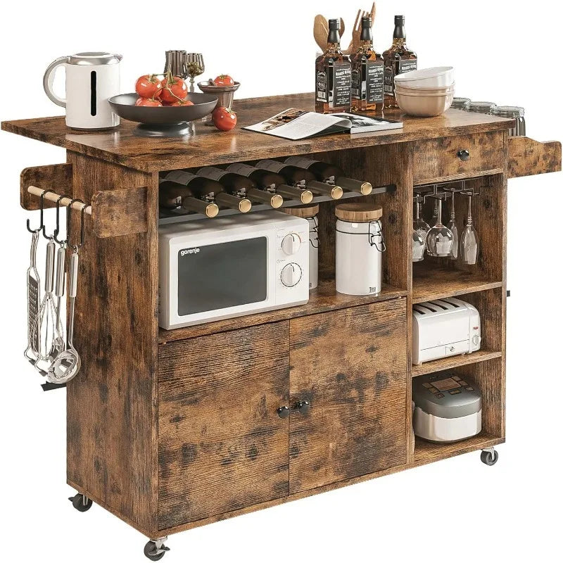8-in-1 Rolling Kitchen Cart, Drop-Leaf Island with Wine & Spice Racks, Vintage Brown