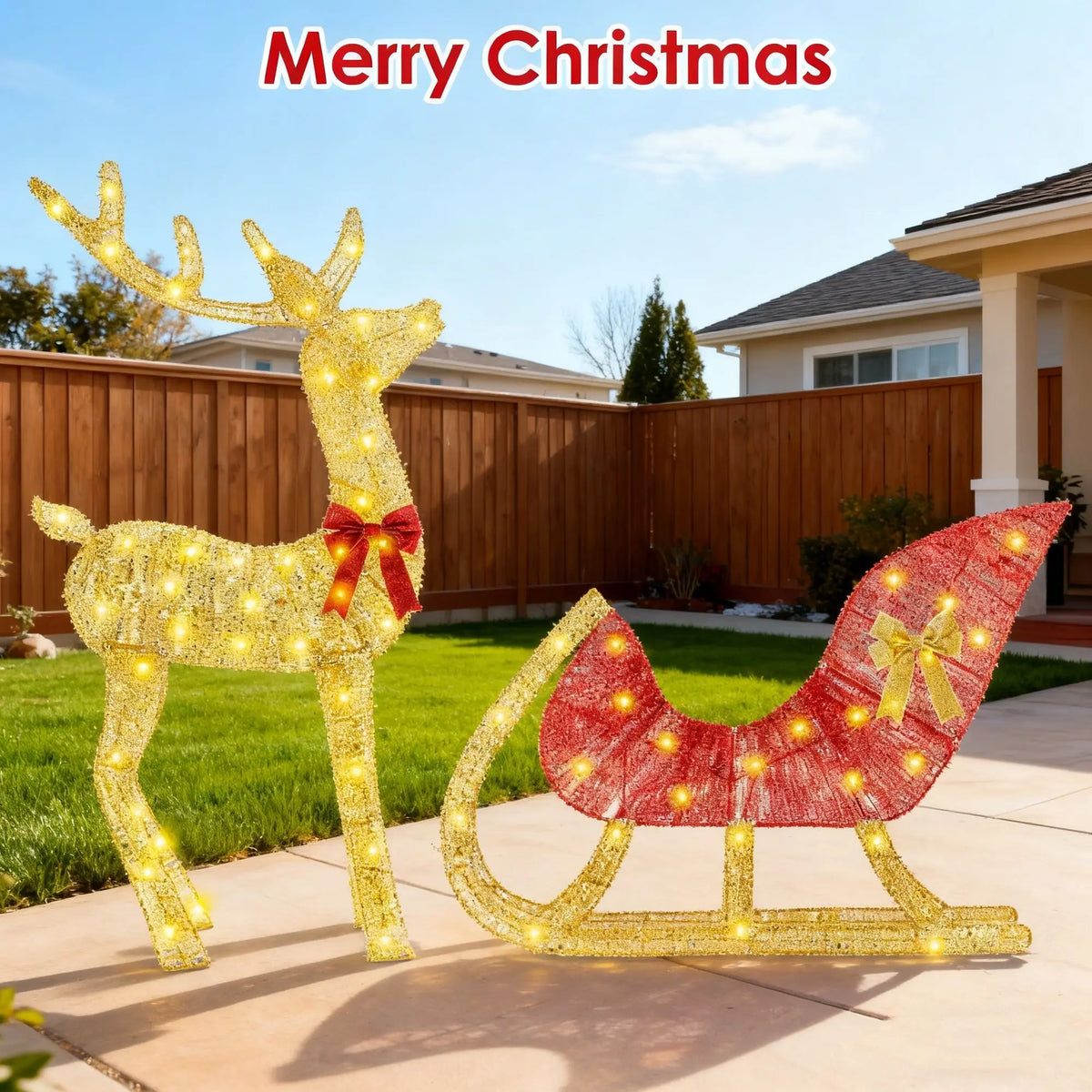 LED Christmas Reindeer Sleigh Outdoor Decoration With Iron Frame