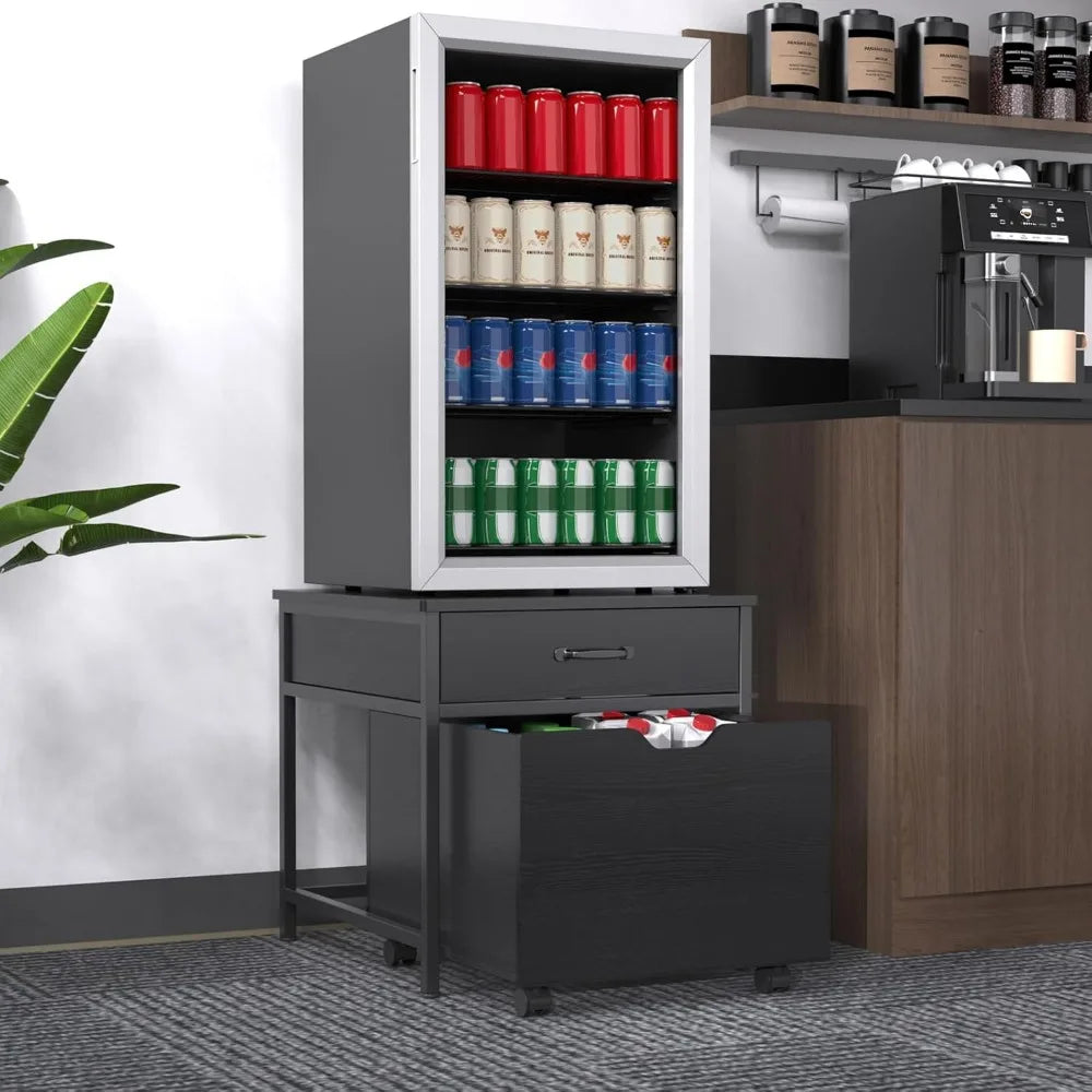 Mini Fridge Stand with Storage, Heavy Duty Mini Fridge Table with Rolling Cabinet 220LBS Capacity Tabletop for Dorm, Apartment,