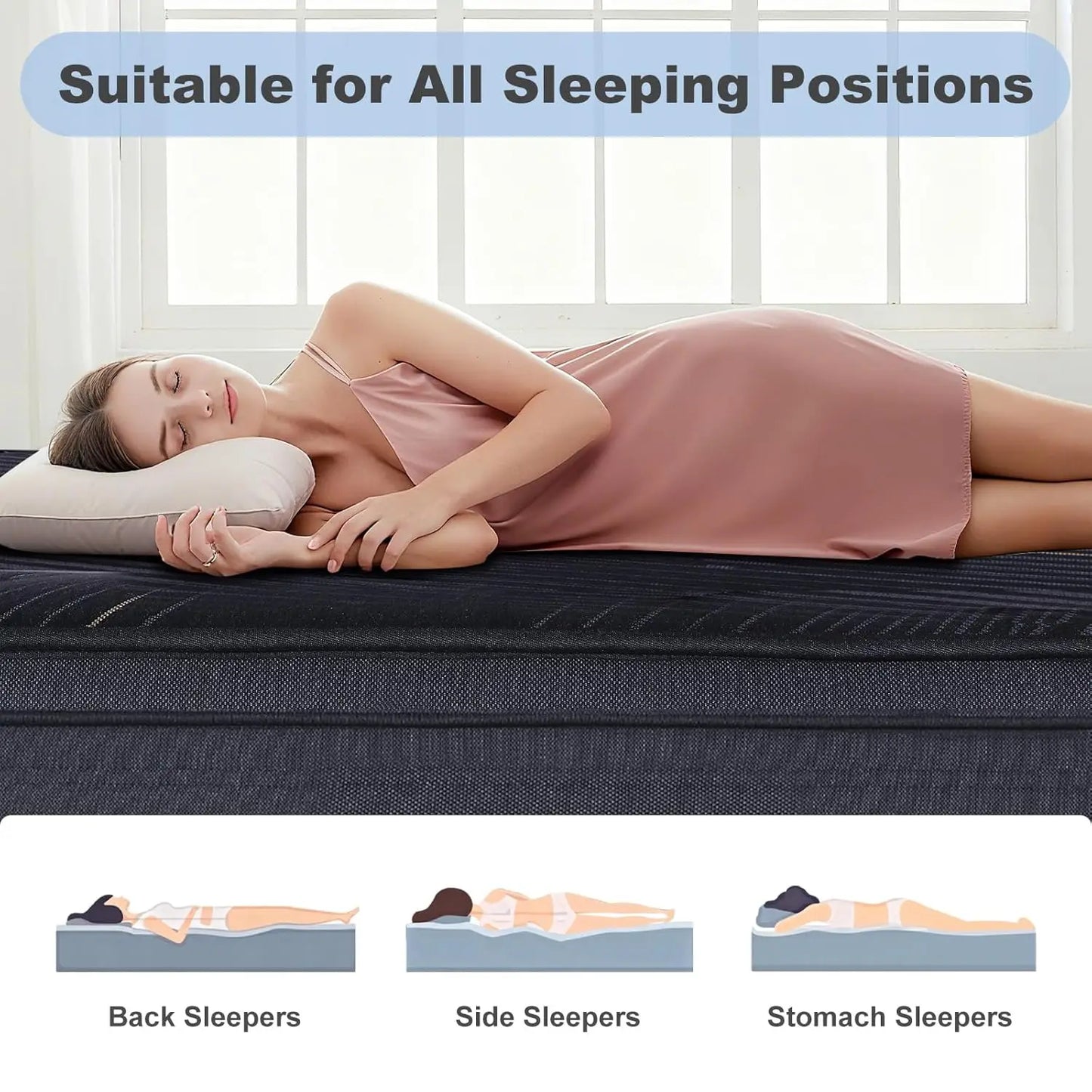 Memory Foam Pocket Coil Hybrid Mattress Medium Support Breathable Fiberglass-Free
