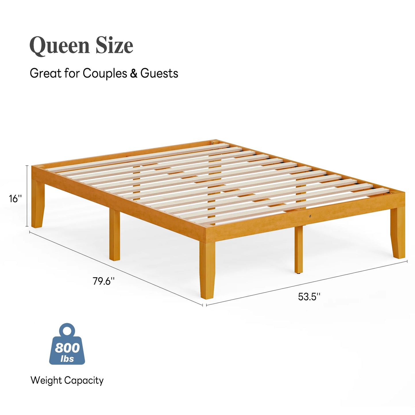 JHK Solid Wood Bed Frame With Sturdy Slat Support 500Lb
