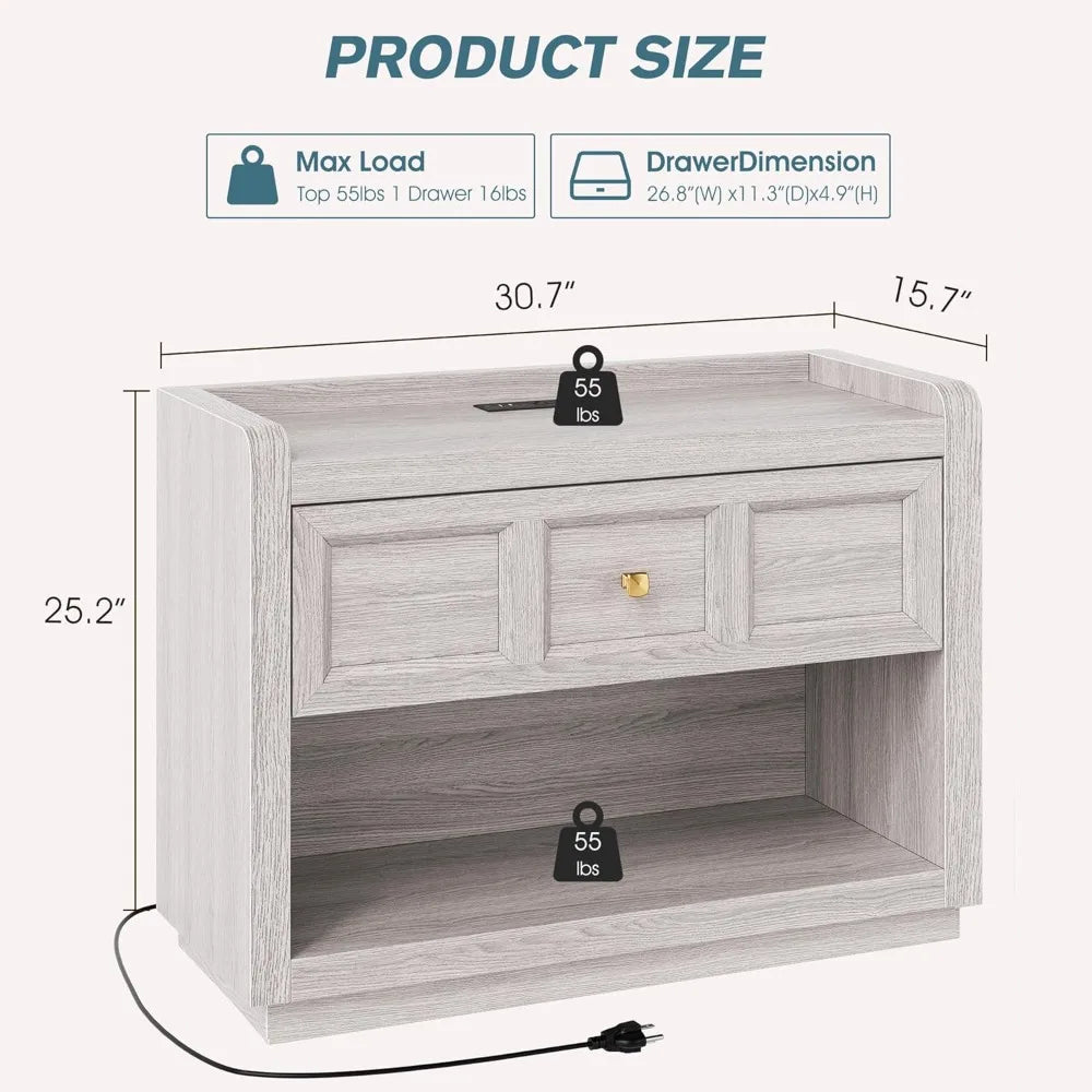 Nightstand With Charging Station And Large Drawer Farmhouse Bedside Table