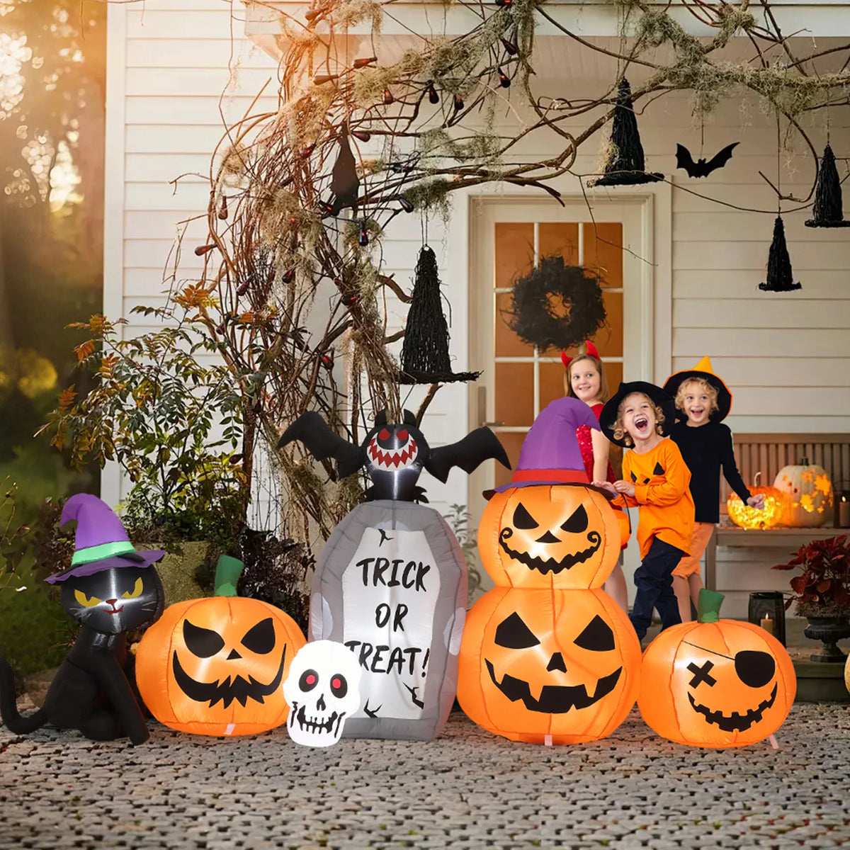 HiMISS Halloween Pumpkin Cat Tombstone Inflatable Decor With LED Lights