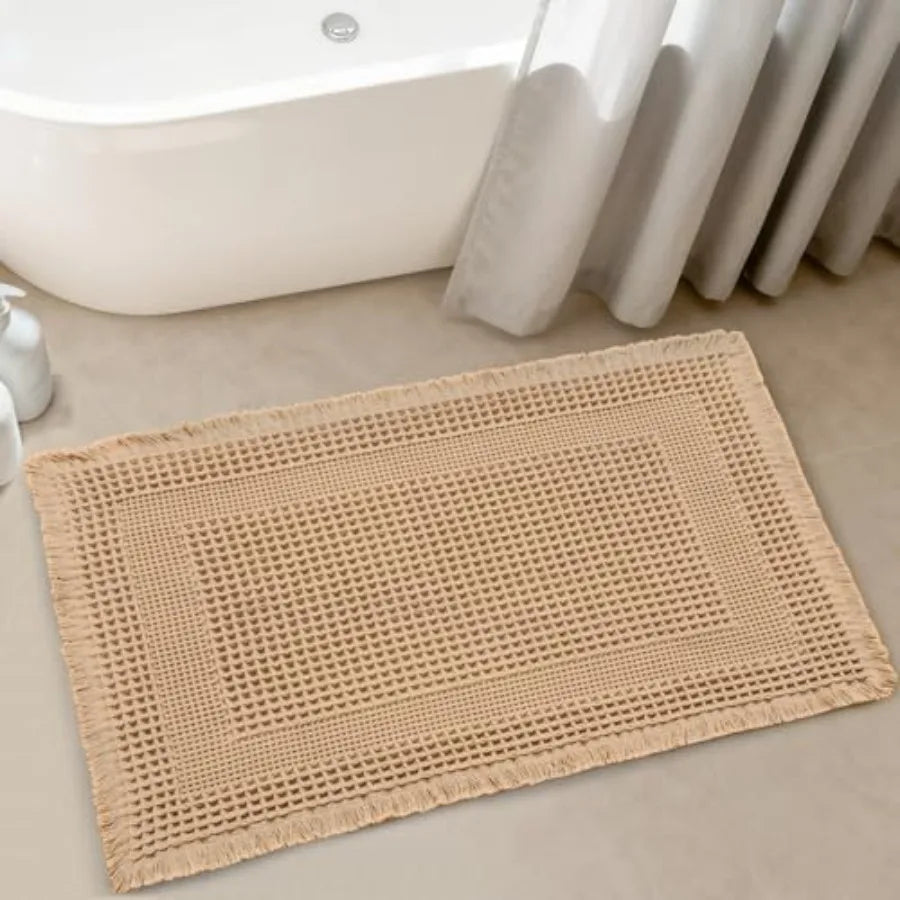 Waffle Bath Mat Absorbent Non Slip Bathroom Rug With Tassels