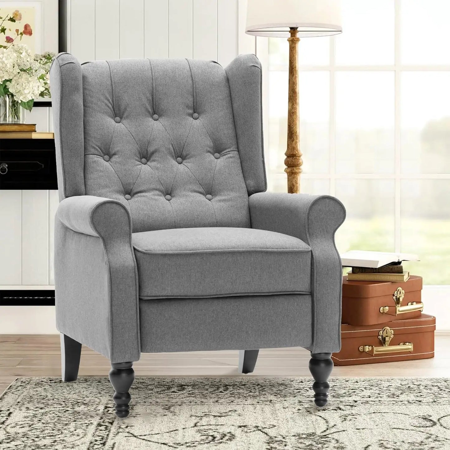 Mid Century Wingback Linen Recliner Chair Button Tufted For Adults