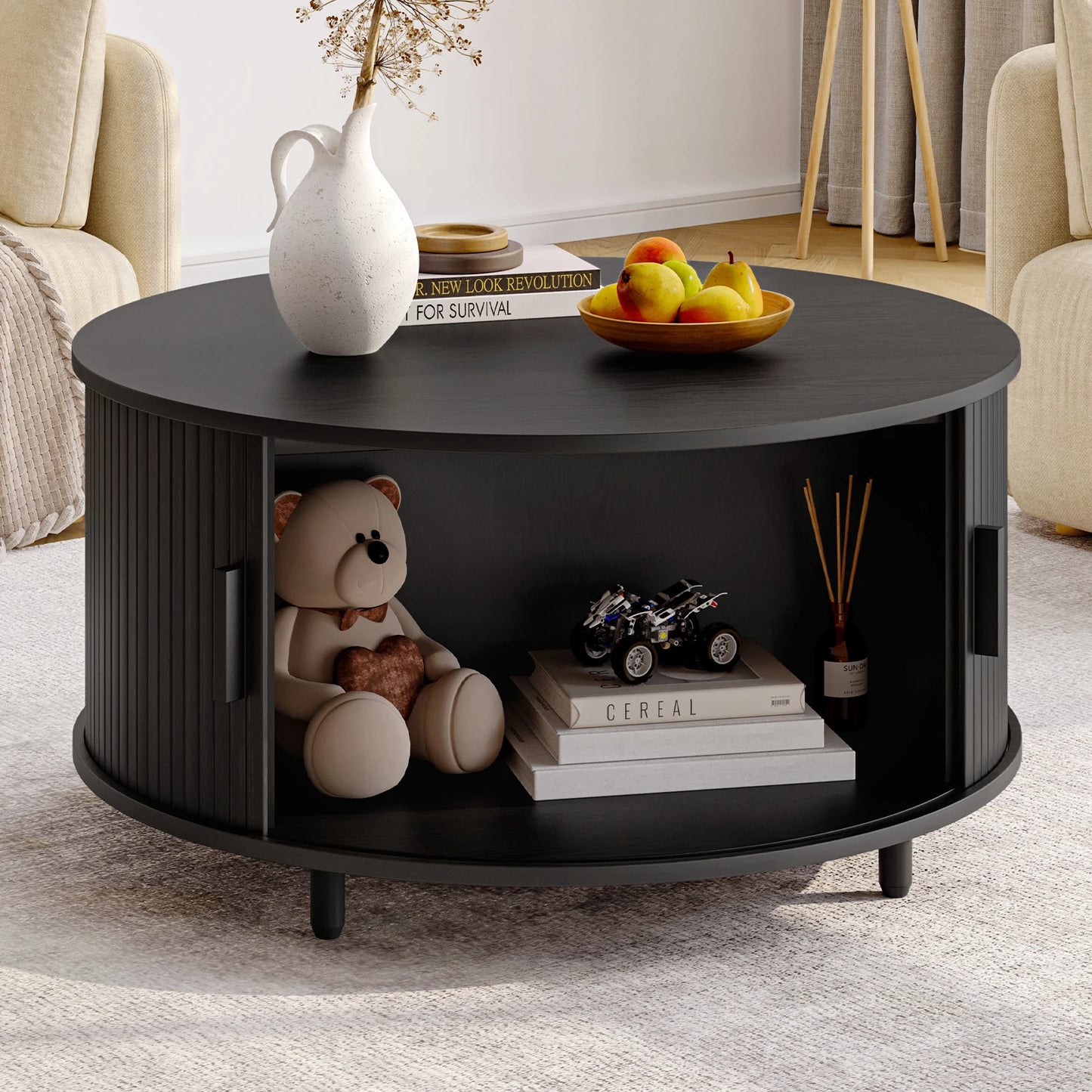 Round Coffee Table With Storage Drum Design And Sliding Door