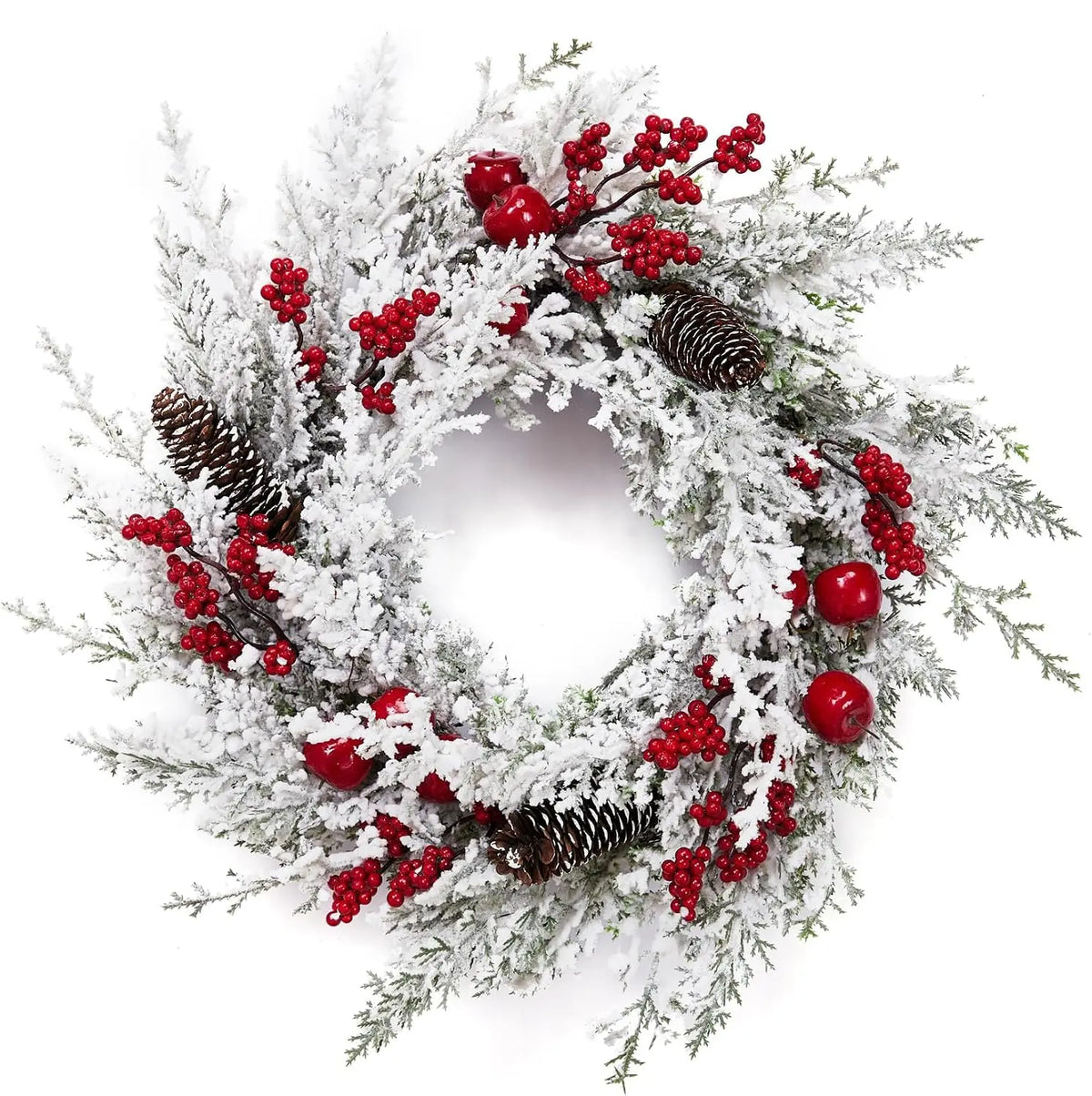 Snow Flocked Christmas Pine Wreath With Red Berries And Pinecones