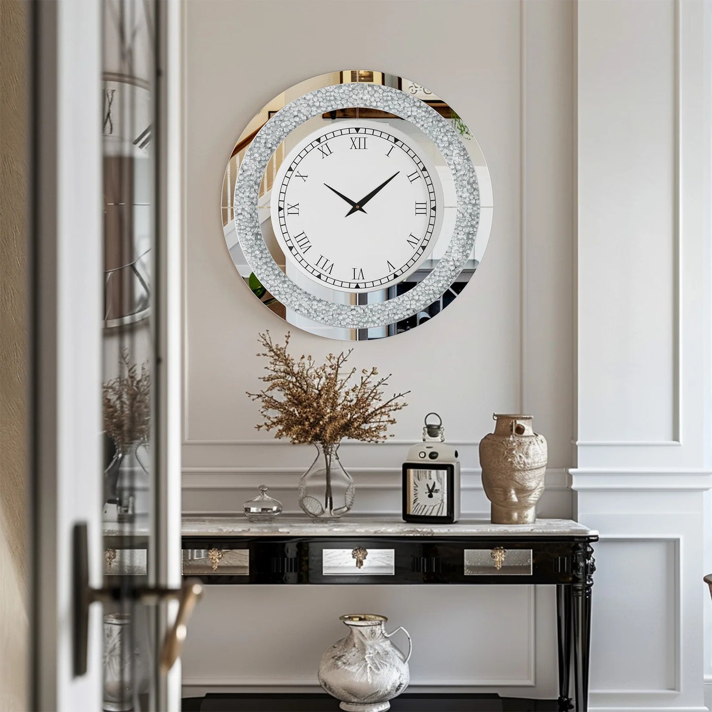 Round Mirror And Large Mirrored Wall Clock For Living Room