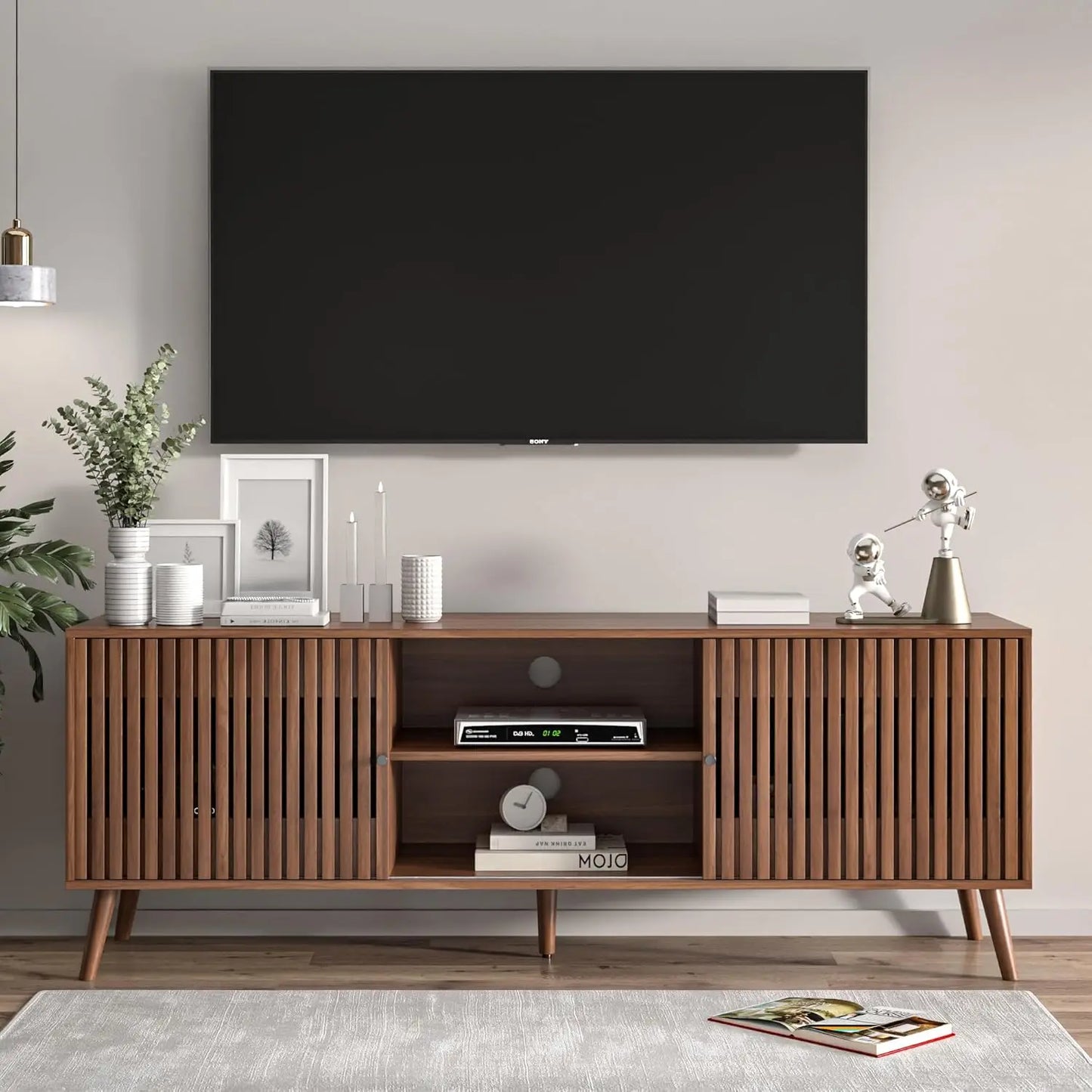 Mid Century Modern TV Stand With Sliding Doors And Storage