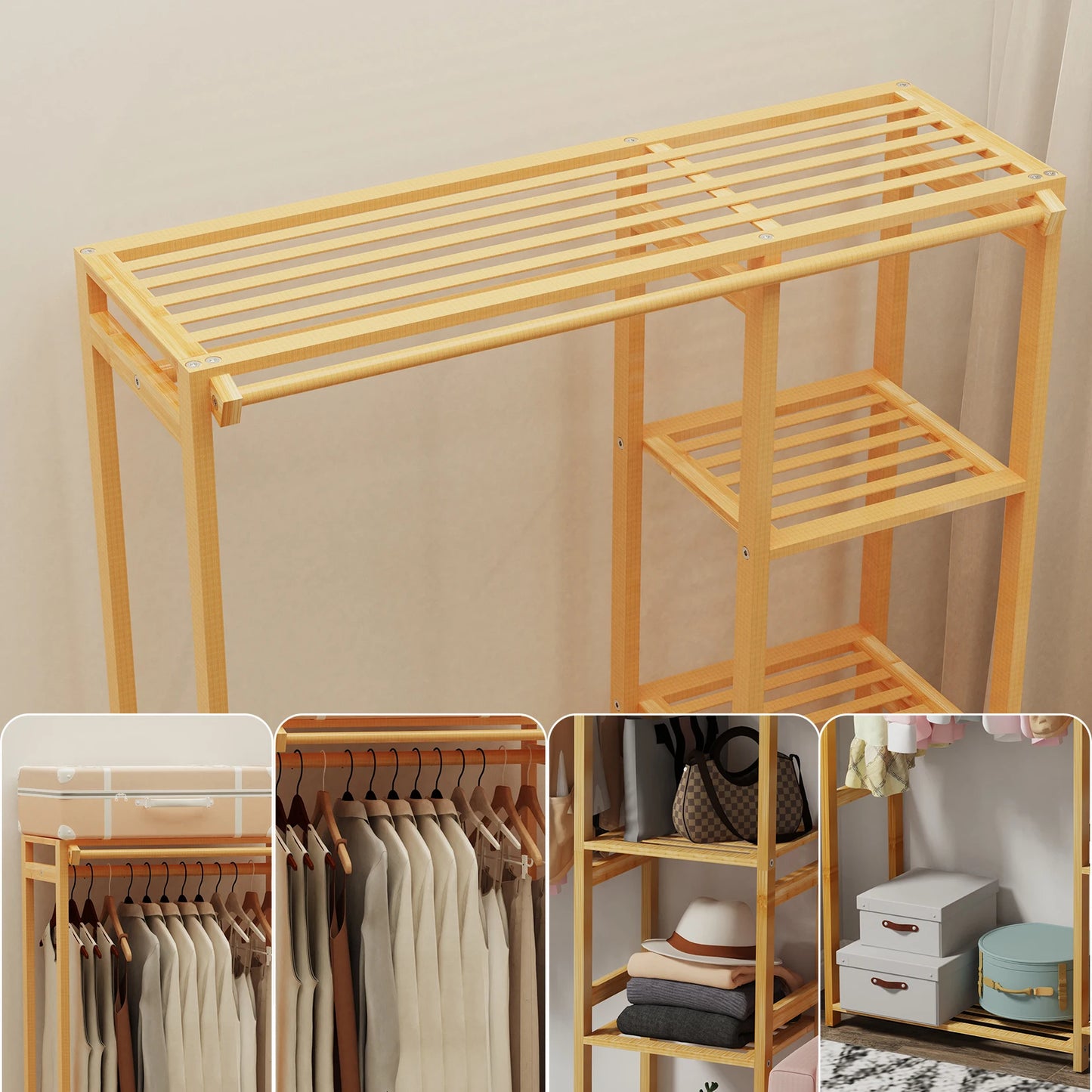 6-Tier Bamboo Garment Rack Open Wardrobe Stand With Hanging Cover