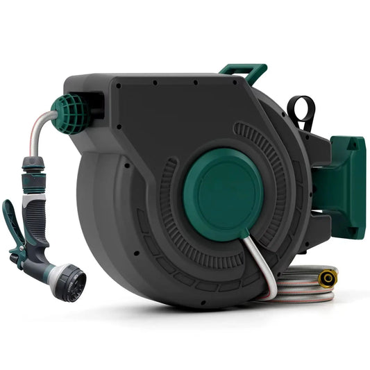Retractable Garden Hose Reel 1/2 Inch x 130 ft, Super Heavy Duty, Any Length Lock, Slow Return System, Wall Mounted and 180 Deg