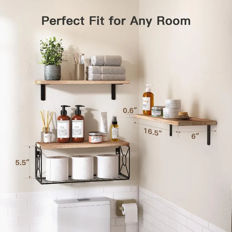 XIUWO Paulownia Wood Floating Shelf Over Toilet With Storage Basket
