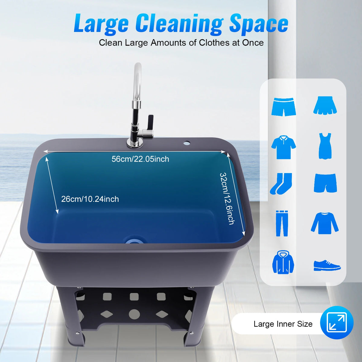 Freestanding Utility Sink With Rotating Faucet And Built In Washboard