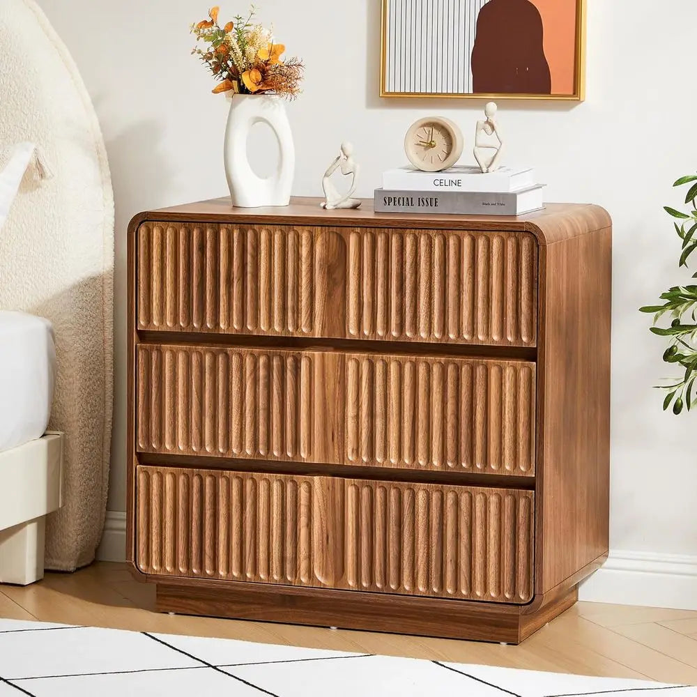 Fluted 3 Drawer Dresser, Mid Century Modern Wood Bedroom Furniture