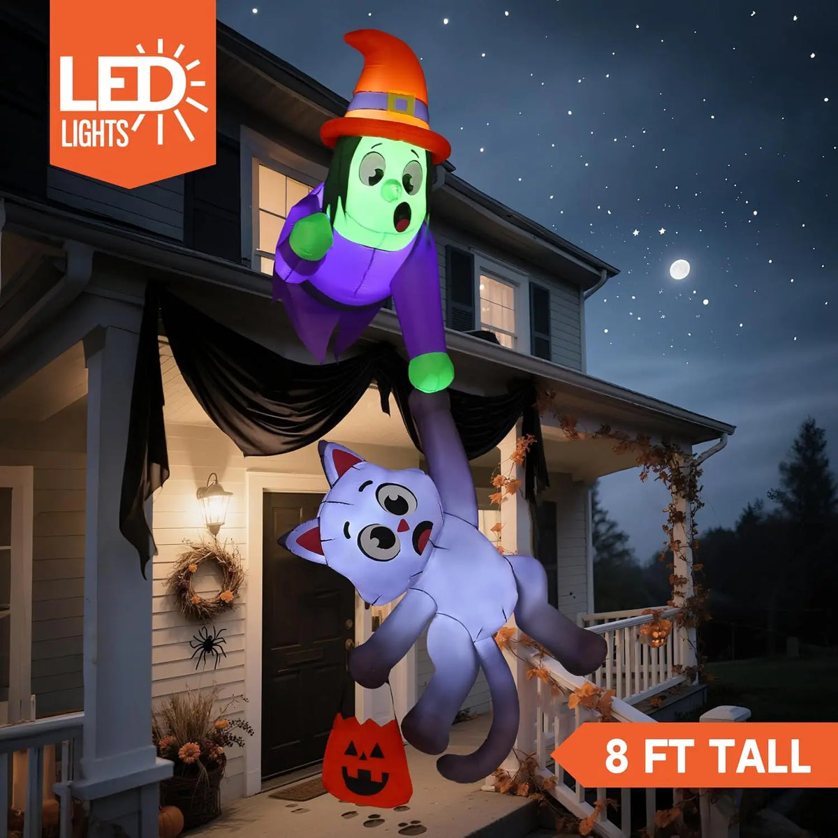 Halloween Witch And Cat Inflatable Roof Decoration With LED Lights