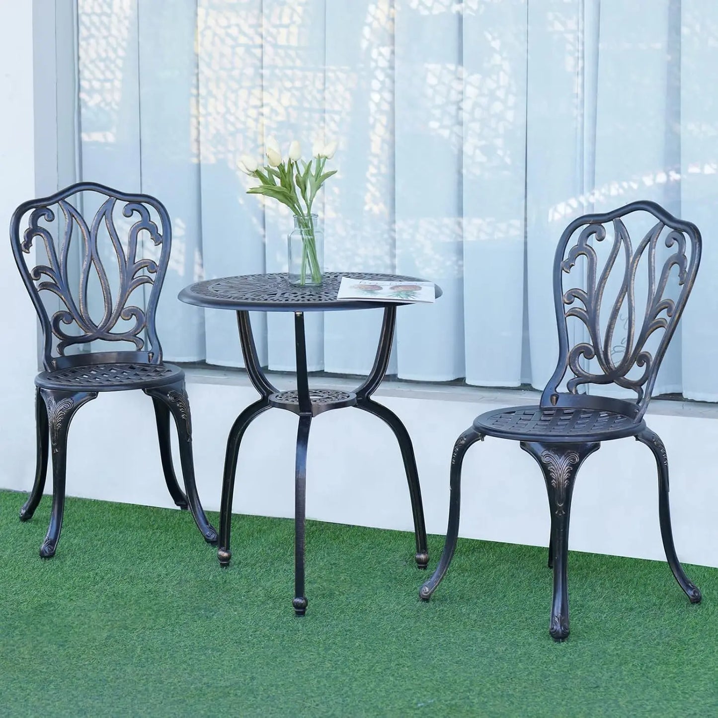 3-Piece Patio Bistro Furniture Set With Cast Aluminum Table