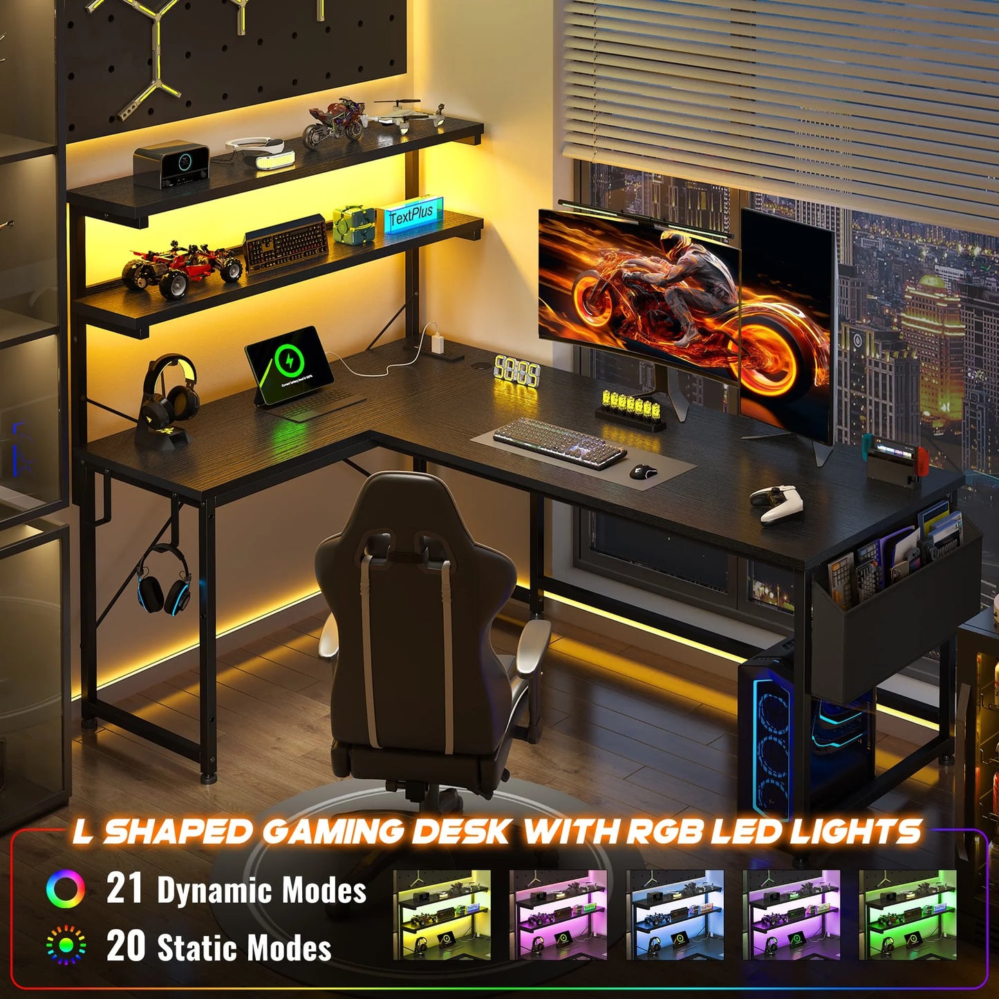 EnHomee L Shaped Office Desk With RGB LED Lights And Storage Shelf