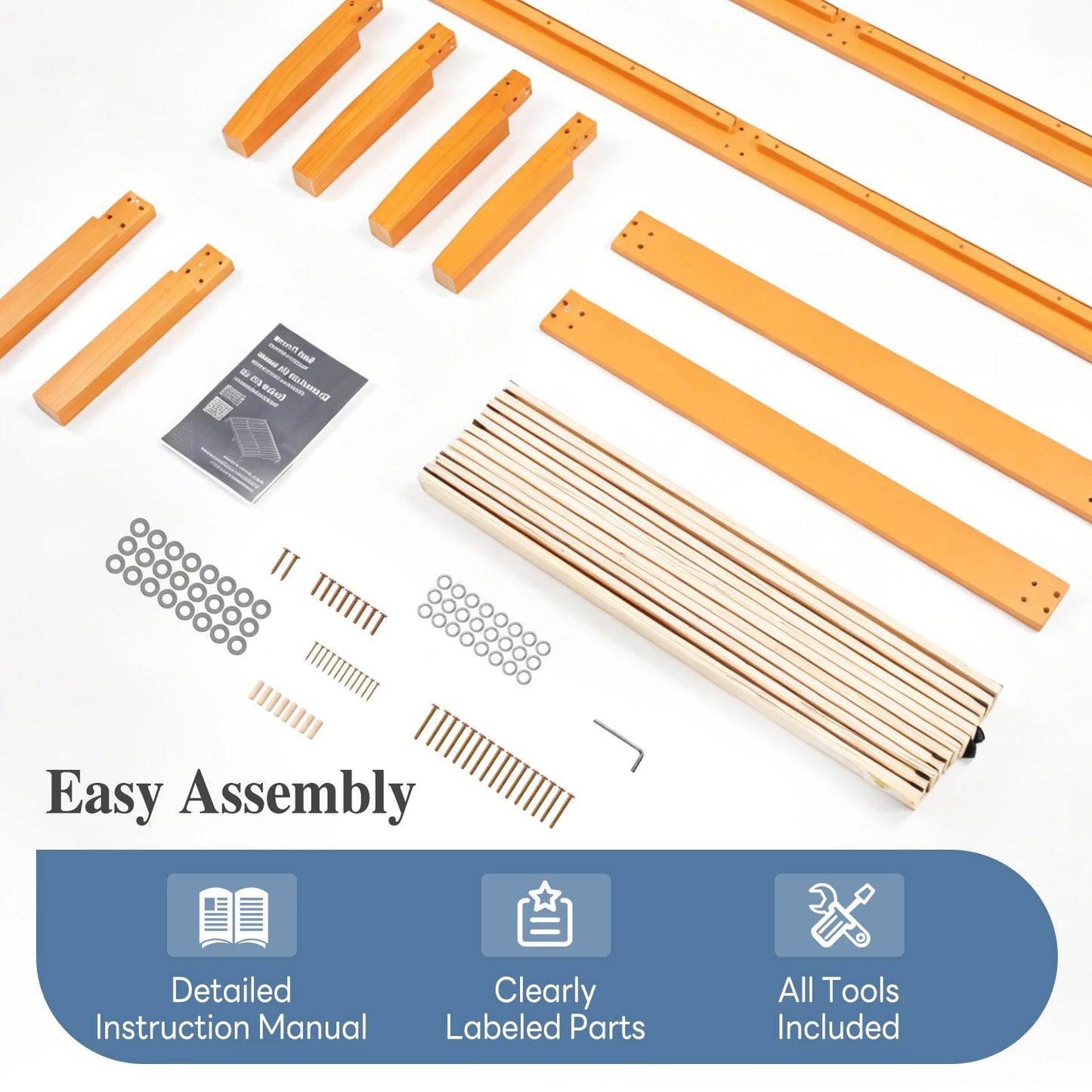 JHK Solid Wood Bed Frame With Sturdy Slat Support 500Lb